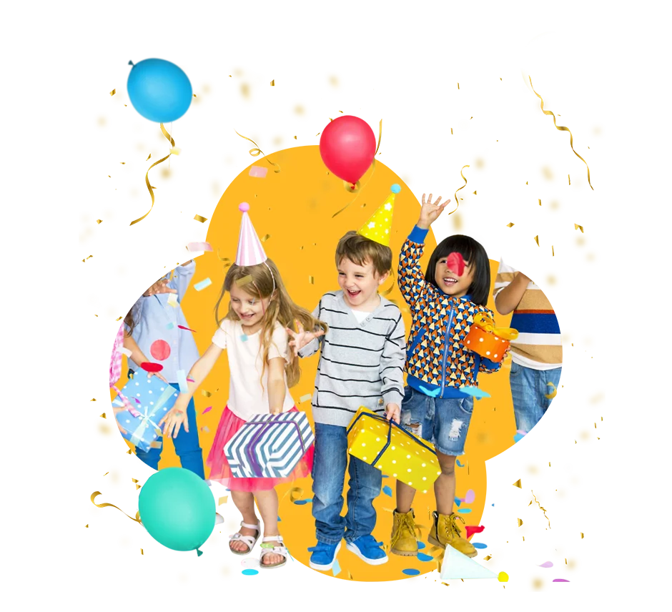 Children celebrating a birthday party with balloons and gifts at playtropolis indoor party venue in woodbridge near vaughan