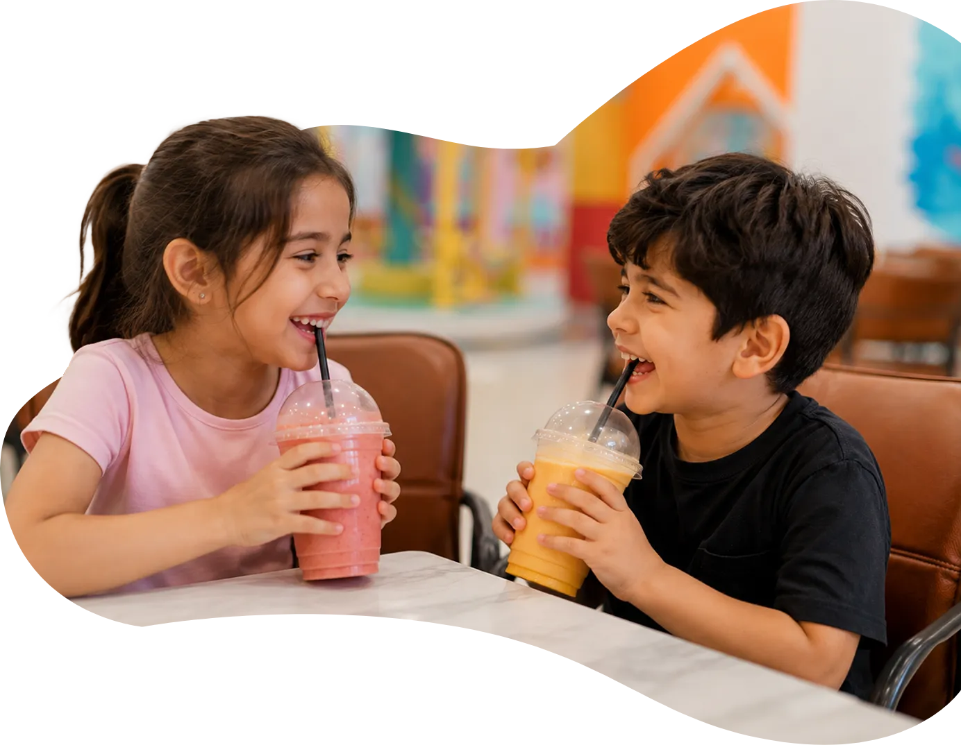 Playtropolis-kids-smoothies-kid-cafe-woodbridgewebp - playtropolis Two children sit at a cafe table, smiling and sharing pink and orange smoothies with straws.